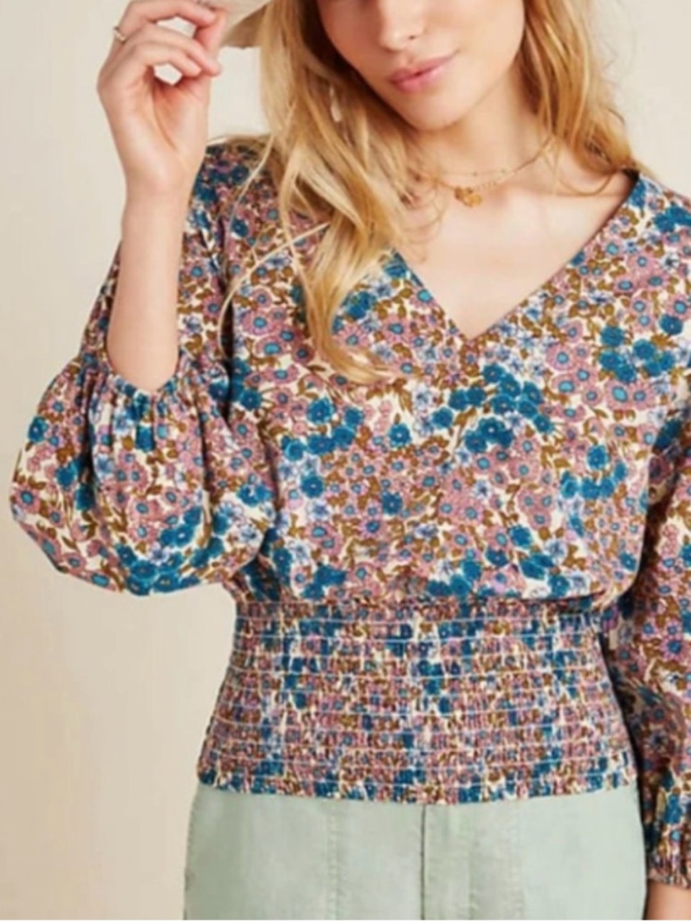 Maeve by Anthropologie Odette Floral Smocked Waist Blouse - Teal & Pink Sz L